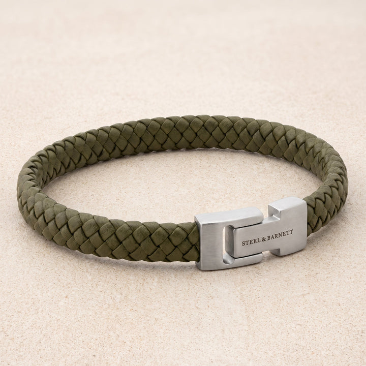 Steel & Barnett Army Green Leather plaited bracelet 