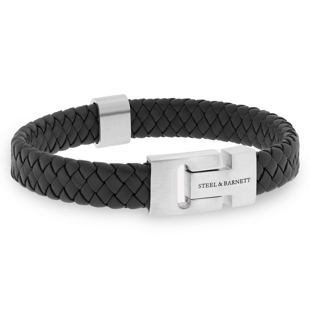 Black leather bracelet with a silver magnetic clasp.