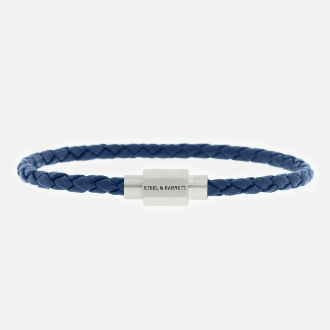 Luke Landon jeans blue plaited leather bracelet with a silver magnetic clasp.