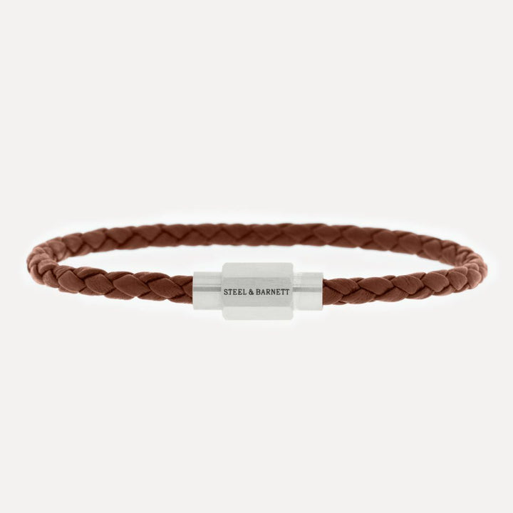 Peanut brown leather bracelet with a silver magnetic clasp.