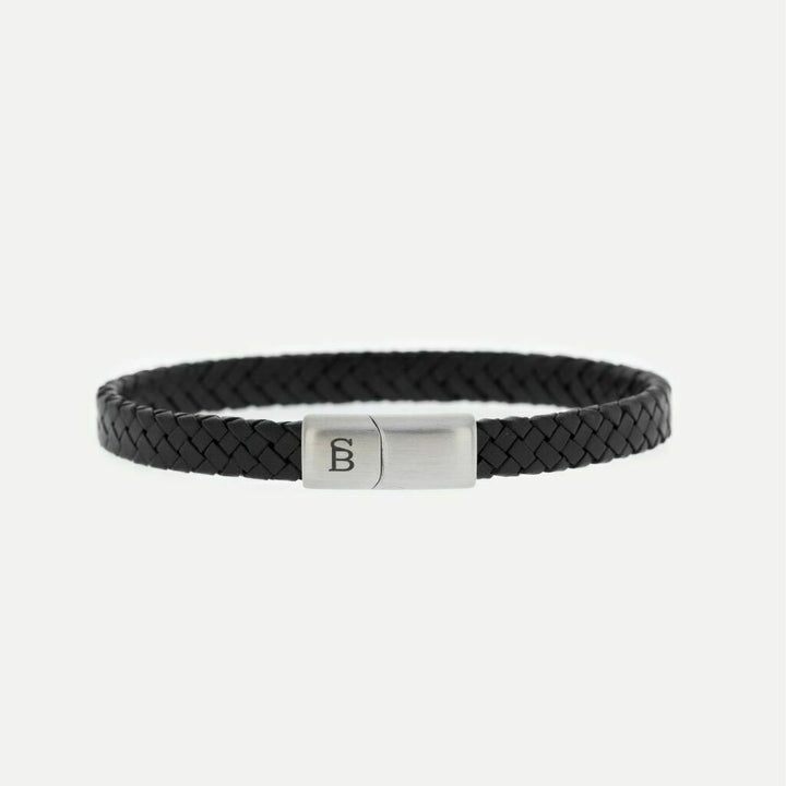 Black leather bracelet with a magnetic silver clasp.