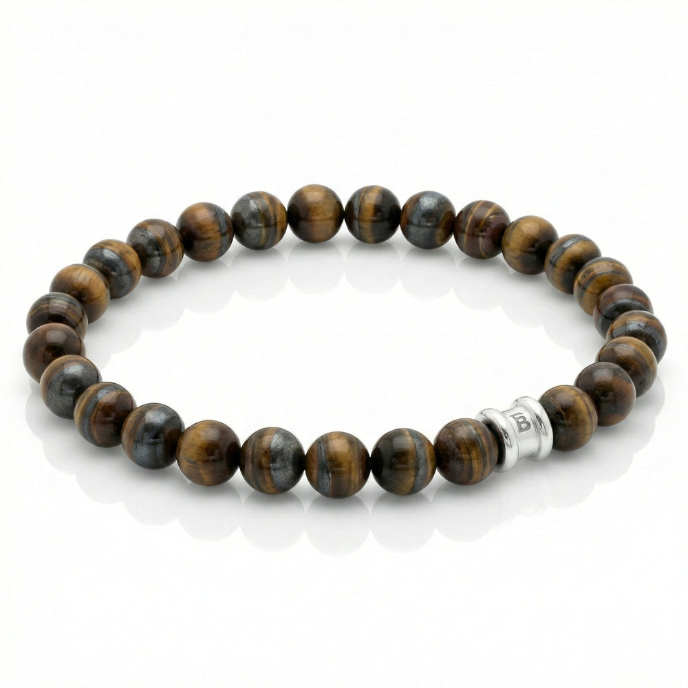 Natural tiger's eye stones beaded bracelet with a metal clasp on a white background