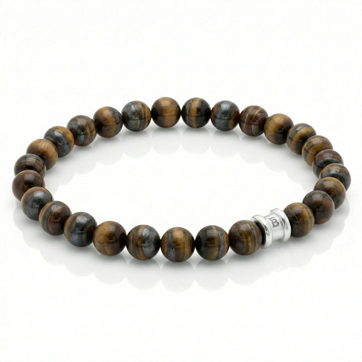 Natural tiger's eye stones beaded bracelet with a metal clasp on a white background