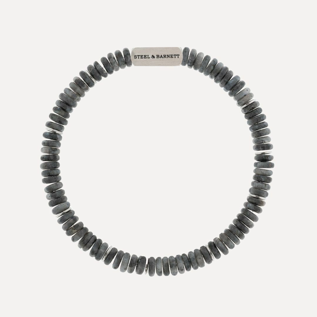 Spectrolite bracelet with two-tone stone beads and stainless steel clasp.