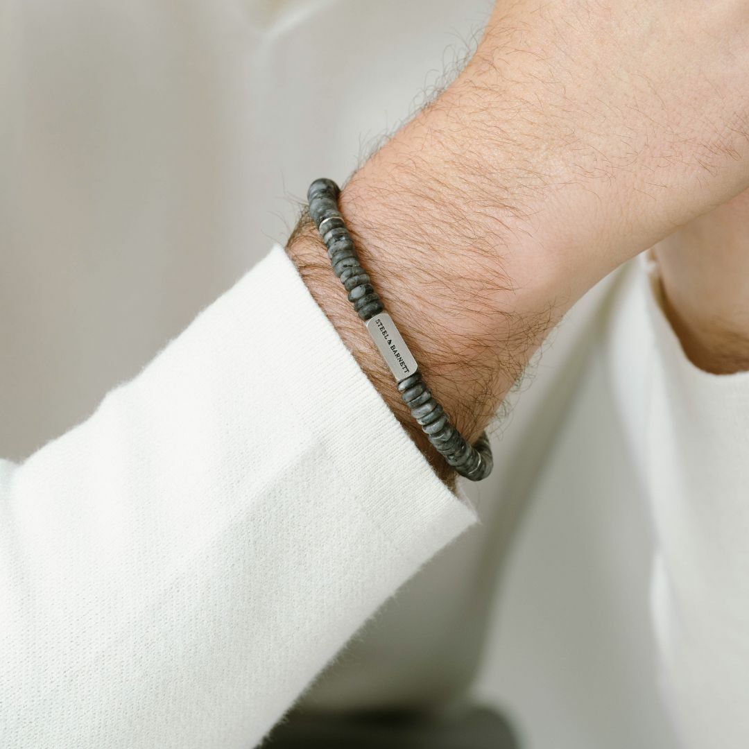 Spectrolite bracelet with two-tone stone beads and stainless steel clasp.