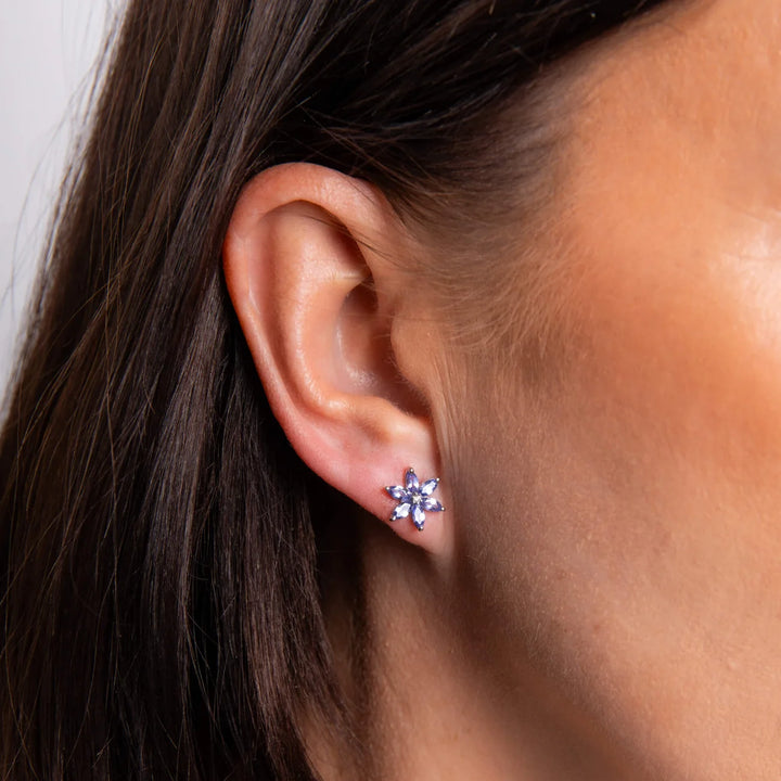 9ct white gold tanzanite & diamond flower stud earrings | Carathea & Jools