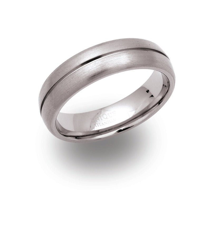 mens brushed titanium ring with central groove - Carathea jewellers