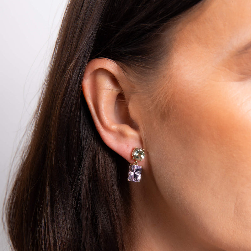 green quartz and amethyst "Toi et moi" drop earrings on model - Carathea & Jools