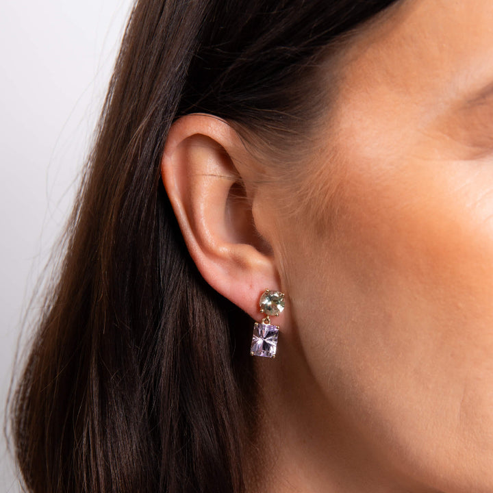 green quartz and amethyst "Toi et moi" drop earrings on model - Carathea & Jools