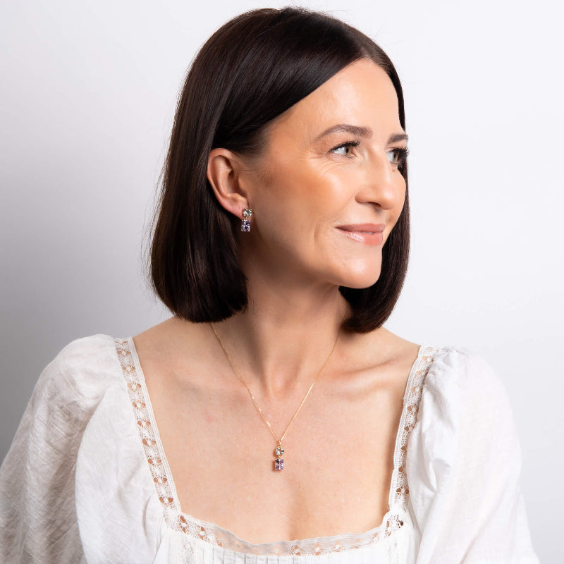 green quartz and amethyst "Toi et moi" drop earrings & Pendant on model - Carathea & Jools