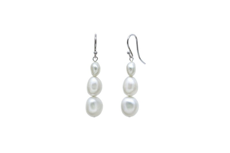 triple graduated white pearl drop earrings silver hooks - Carathea
