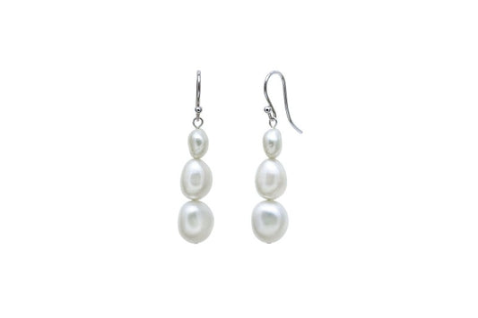 triple graduated white pearl drop earrings silver hooks - Carathea