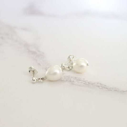 silver drop earrings with white barrel shape pearl earrings - Carathea jewellers