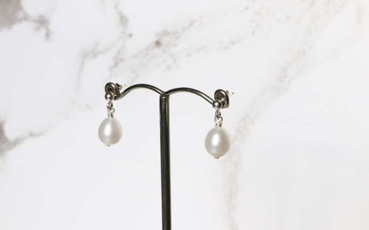 silver drop earrings white barrel shape drop pearl earrings - Carathea jewellers