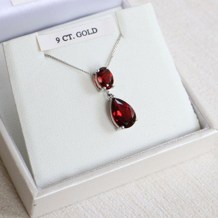 White Gold and Garnet Double Drop Pendant
