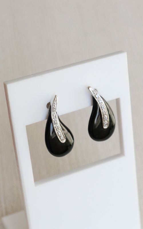 white gold black onyx and diamond drop earrings - Carathea jewellers