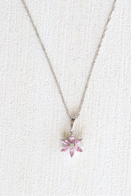 9ct White Gold Pink Sapphire and Diamond Flower Pendant - Carathea Jewellers