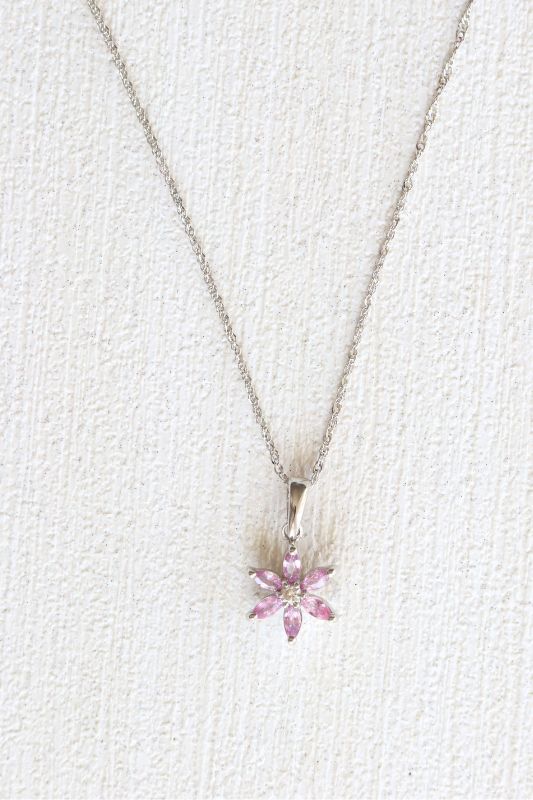 9ct White Gold Pink Sapphire & Diamond Flower Pendant