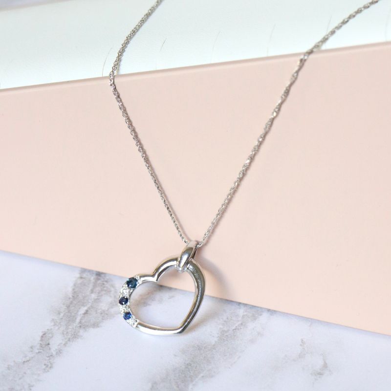 White Gold Open Heart Pendant with Sapphires and Diamonds