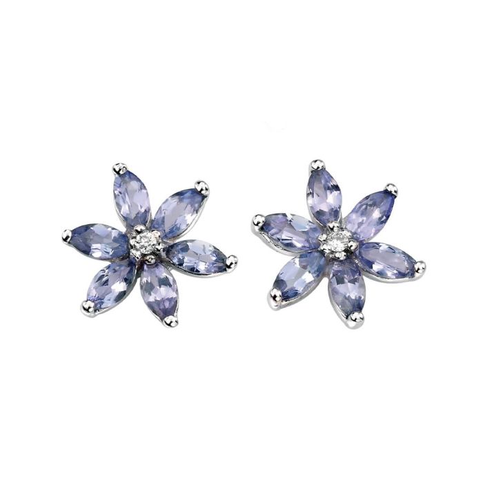 white gold tanzanite flower stud earrings with diamond - Carathea jewellers