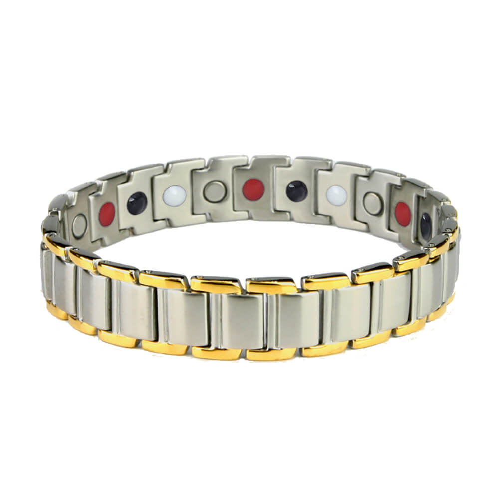 Two-tone stainless steel magnetic bracelet.