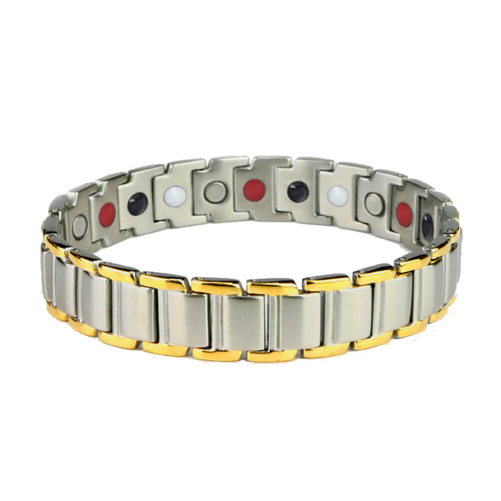 Two-tone stainless steel magnetic bracelet.