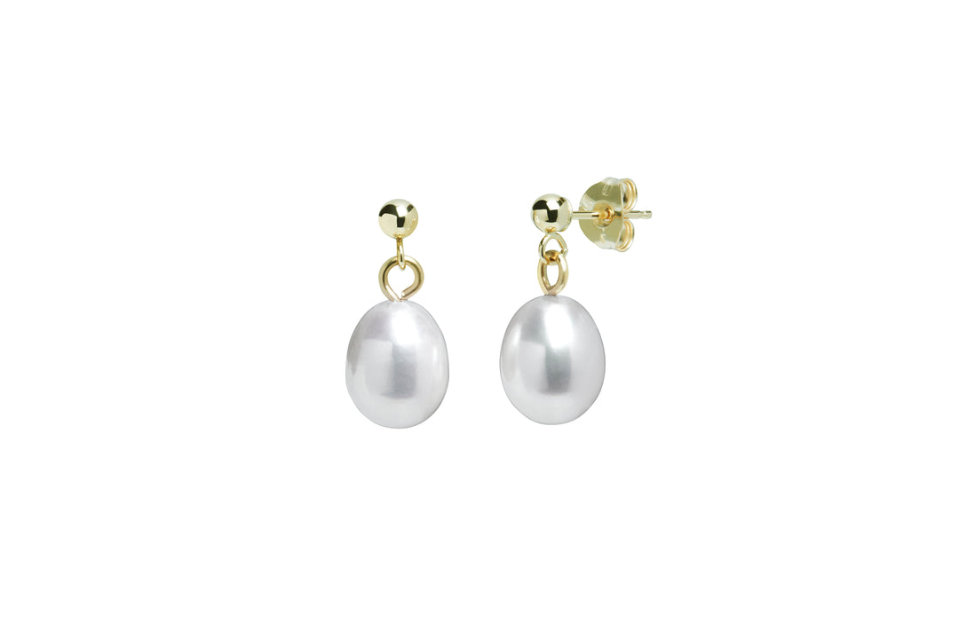 gold drop earrings with grey teardrop pearls - Carathea jewellers