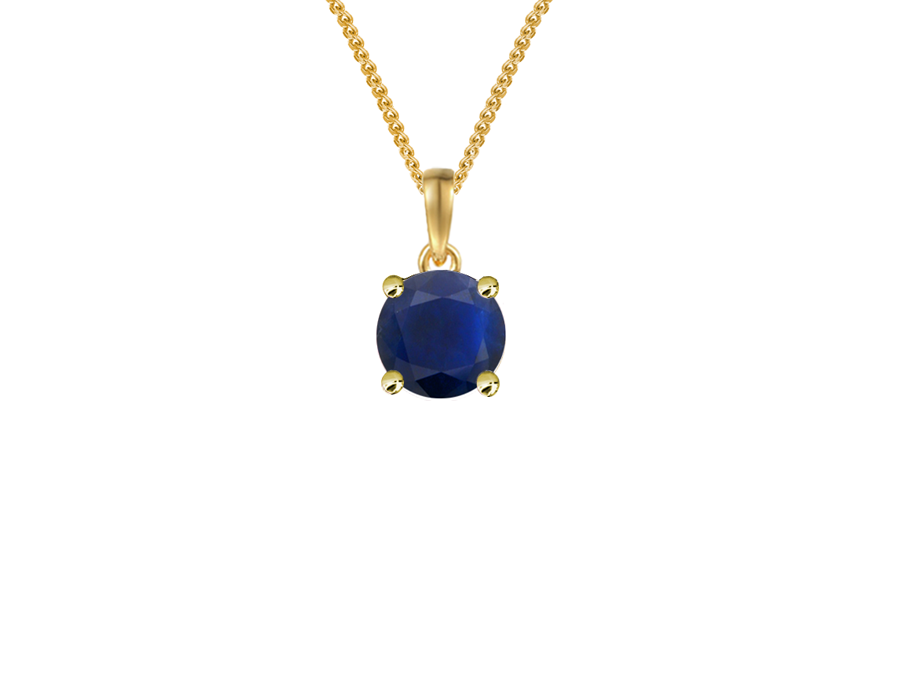 9ct Gold Round Sapphire Solitaire Pendant with Chain