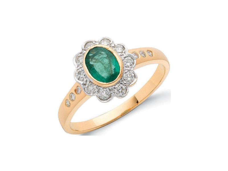 18ct Gold Emerald and Diamond Oval Cluster Ring Jewellery Hanron 