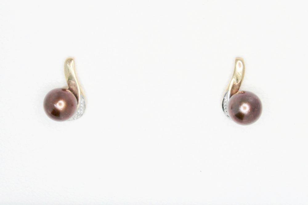 9ct Gold Earrings with Chocolate Pearl and Diamonds Jewellery CLEdwards