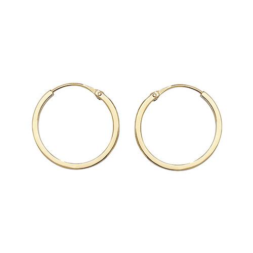 These are 9ct gold, hinged, polished hoop earrings with a secure tube fitting, available in 10, 12, and 14mm diameters.
