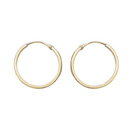 Gold hinged sleeper earrings are described, crafted from 9ct gold with a secure hinged post, available in 10, 12, and 14 mm sizes.