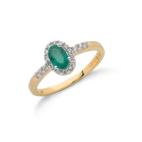 Gold Emerald Ring With Diamond Halo and Shoulders Jewellery Hanron J 