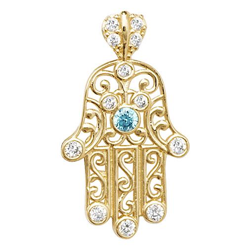 Gold Hamsa Pendant with Blue and White CZ Jewellery Treasure House Limited 