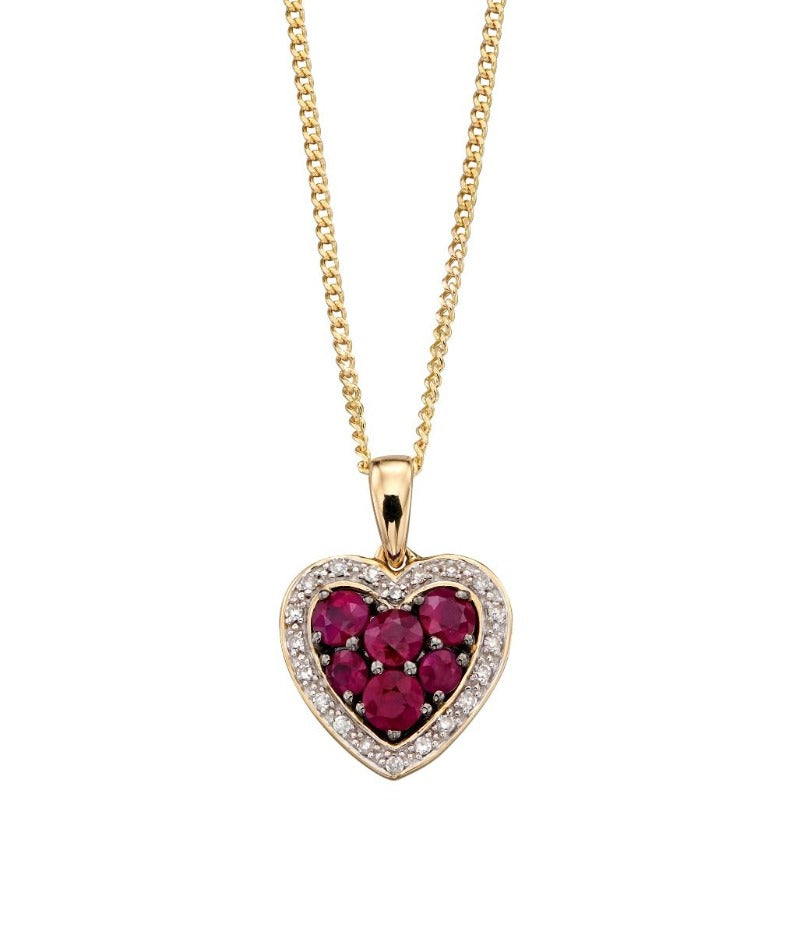9ct Gold Ruby and Diamond Heart Pendant Jewellery Carathea