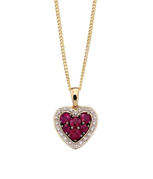 9ct Gold Ruby and Diamond Heart Pendant Jewellery Carathea 