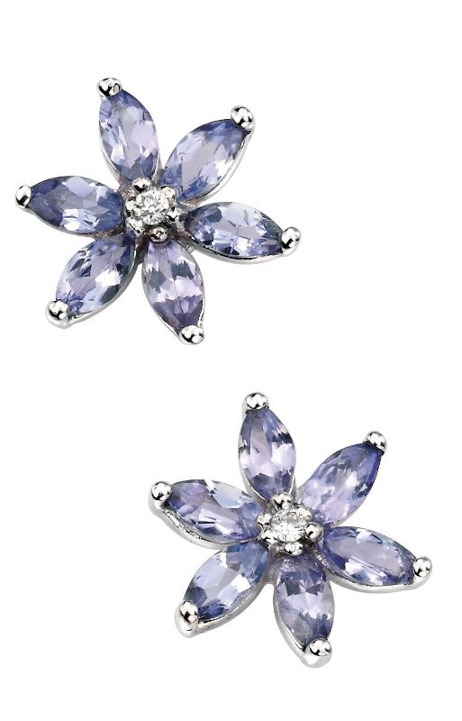 9ct White Gold Tanzanite & Diamond Flower Earrings Jewellery Carathea 