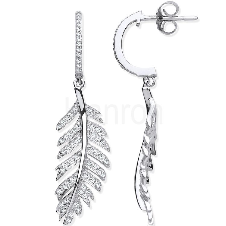 9ct White Gold and Diamond Feather Drop Earrings Jewellery Hanron 