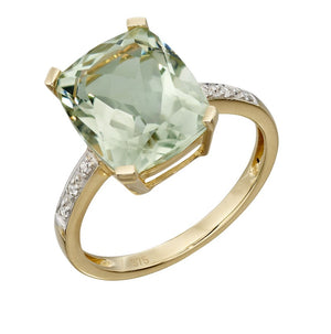 9ct Gold Green Amethyst and Diamond Ring Jewellery Carathea 