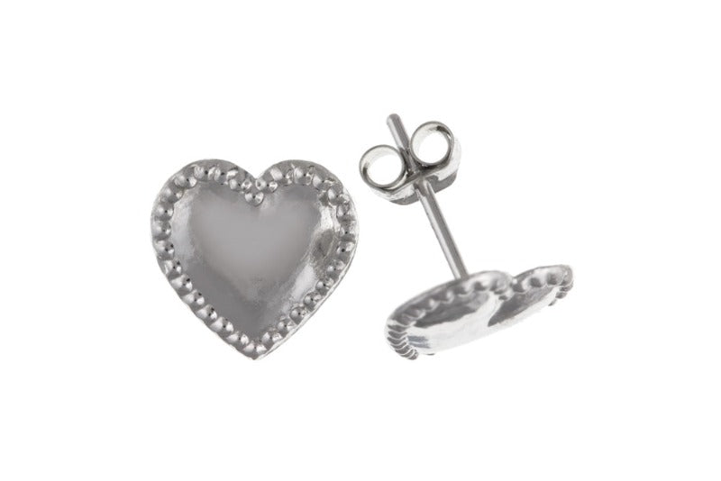 9ct White Gold Heart Shaped Earrings with Beaded Edge Ian Dunford 
