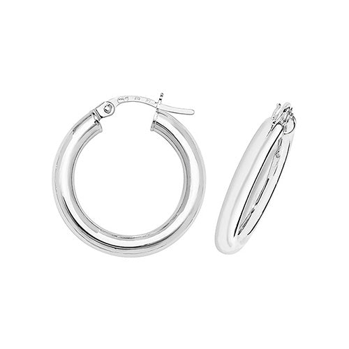 These are polished nine-carat white gold hoop earrings, a versatile and classic jewelry choice.