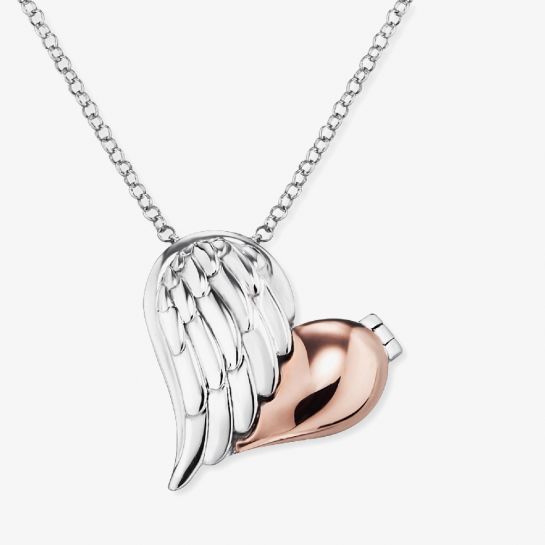 A siver and rose gold half-wing, half-heart necklace 