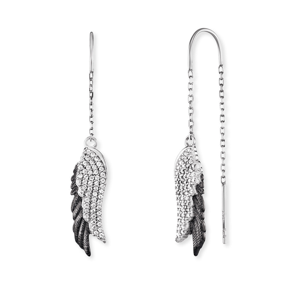 A pair of threader earrings in silver and black plated with two angel wing charms