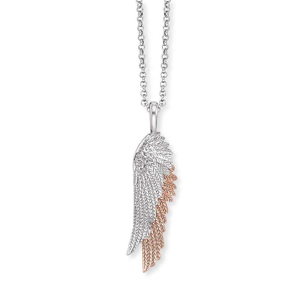 A silver necklace with two angel wing charms, one in silver and one in a rose gold finish.