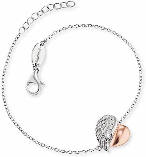 angel whisperer bracelet with silver and rose gold half heart and half feather wing design
