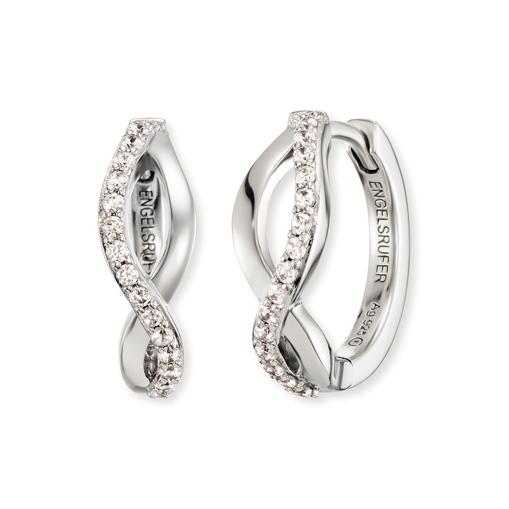 Silver hoop earrings with twisted bands and CZ