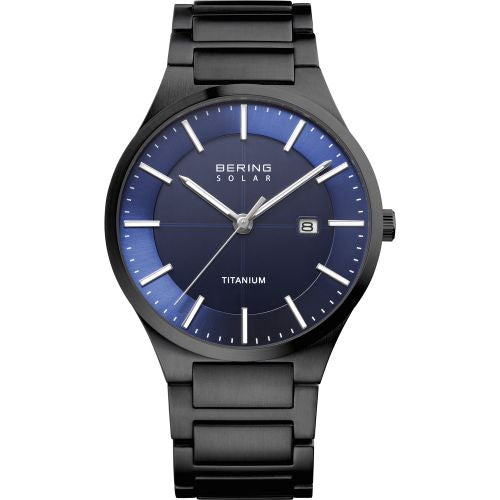 Men's Bering Solar Titanium Watch in Black with Blue Dial 15239-727 Watches Bering 