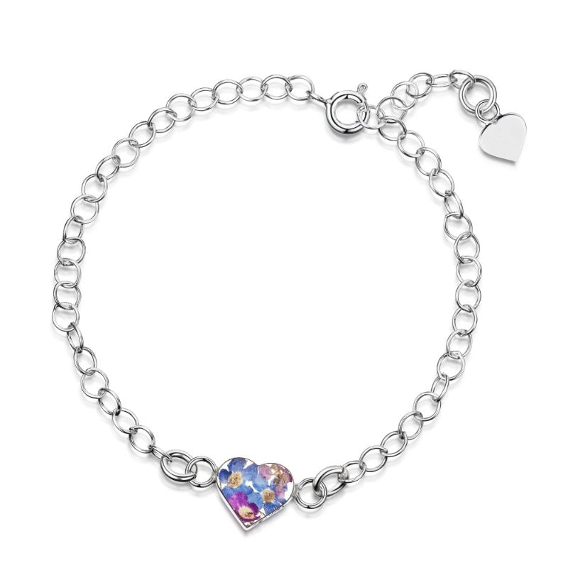 Silver Chain Bracelet with Real Flowers Heart Bracelets Shrieking Violet