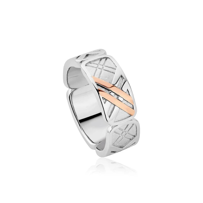 Silver and Welsh gold unisex band ring with tartan design Carathea Jewellers