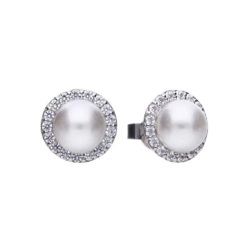 Diamonfire Shell Pearl Stud Earrings with CZ Halo Jewellery Gecko 